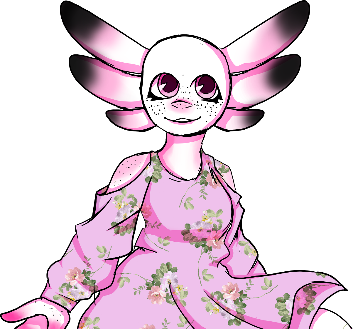 An axolotl fursona. She is largely pink, with a pink dress and black-tipped gills. There is a flower pattern on her dress.